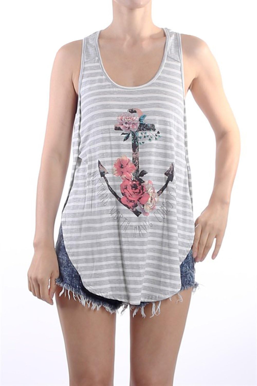 Women's Round Neck 'Flower with Anchor' Print Side Open Stripe Tank Top