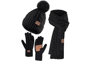 Remifa Winter Hat Scarf Gloves Set for Women, 3 PCS Pom Pom Beanie Hat Touchscreen Glove Long Neck Kint Scarf Christmas Gifts