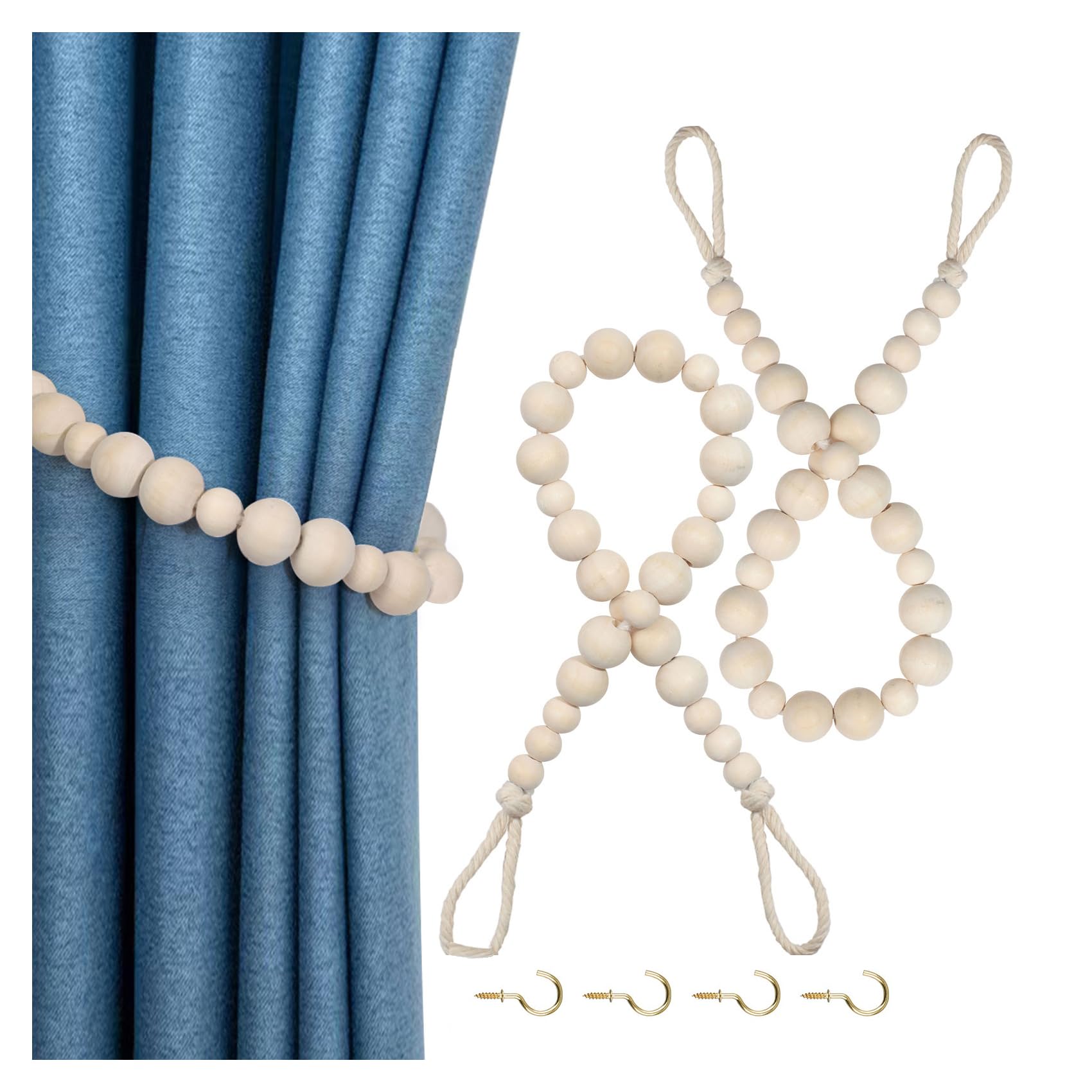 Photo 1 of Hion 2 Pcs Boho Curtain Tiebacks,Wood Beads Curtain Holdbacks,Outdoor Farmhouse Tie Backs for Curtains,Curtain Holders for Drapes Home Office Decor with Hooks No Drilling(Wood Color)