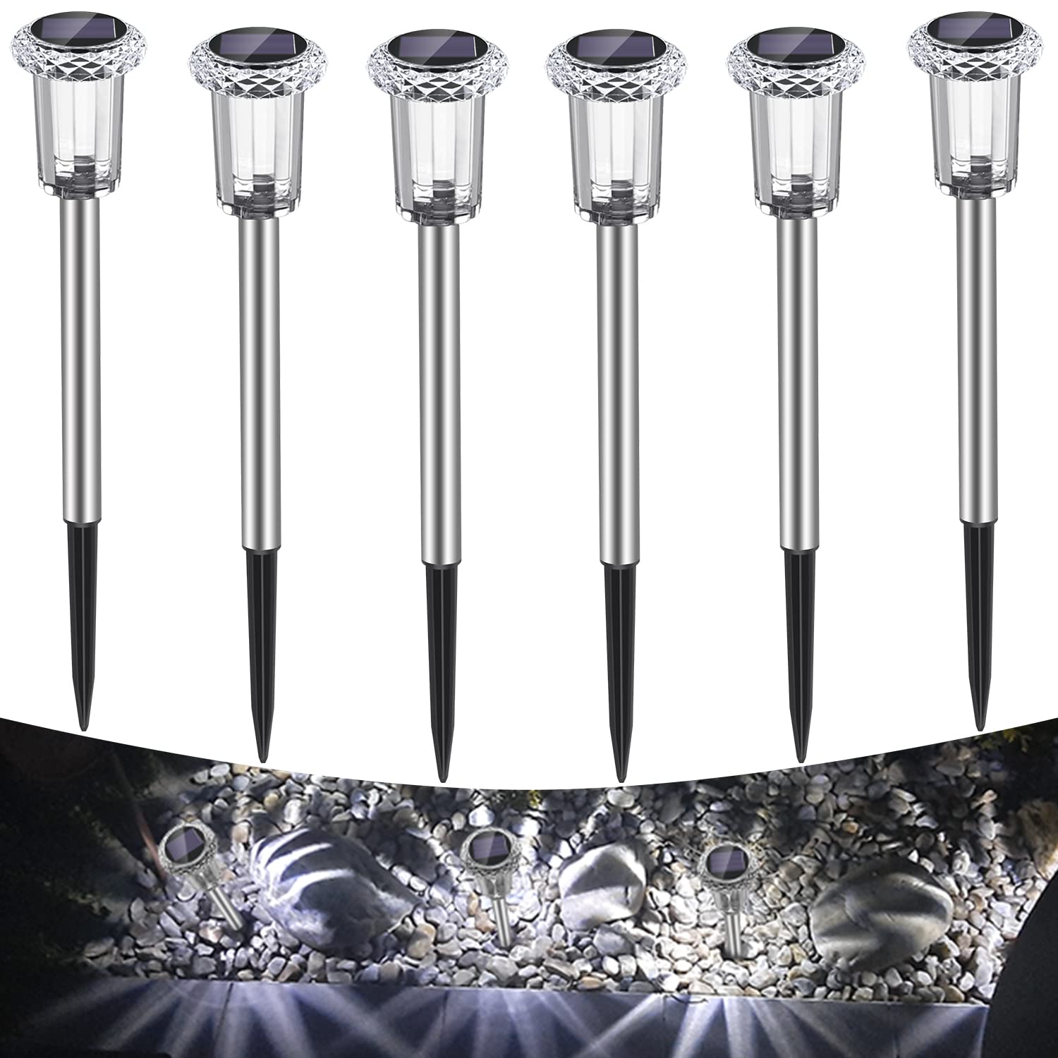 Auting Solar Lights for Outdoors, IP65 Waterproof LED Lights for Garden, Balcony, Driveway, Pathway, Trees, Lawn, Shrubs, 6 Pieces Cool White