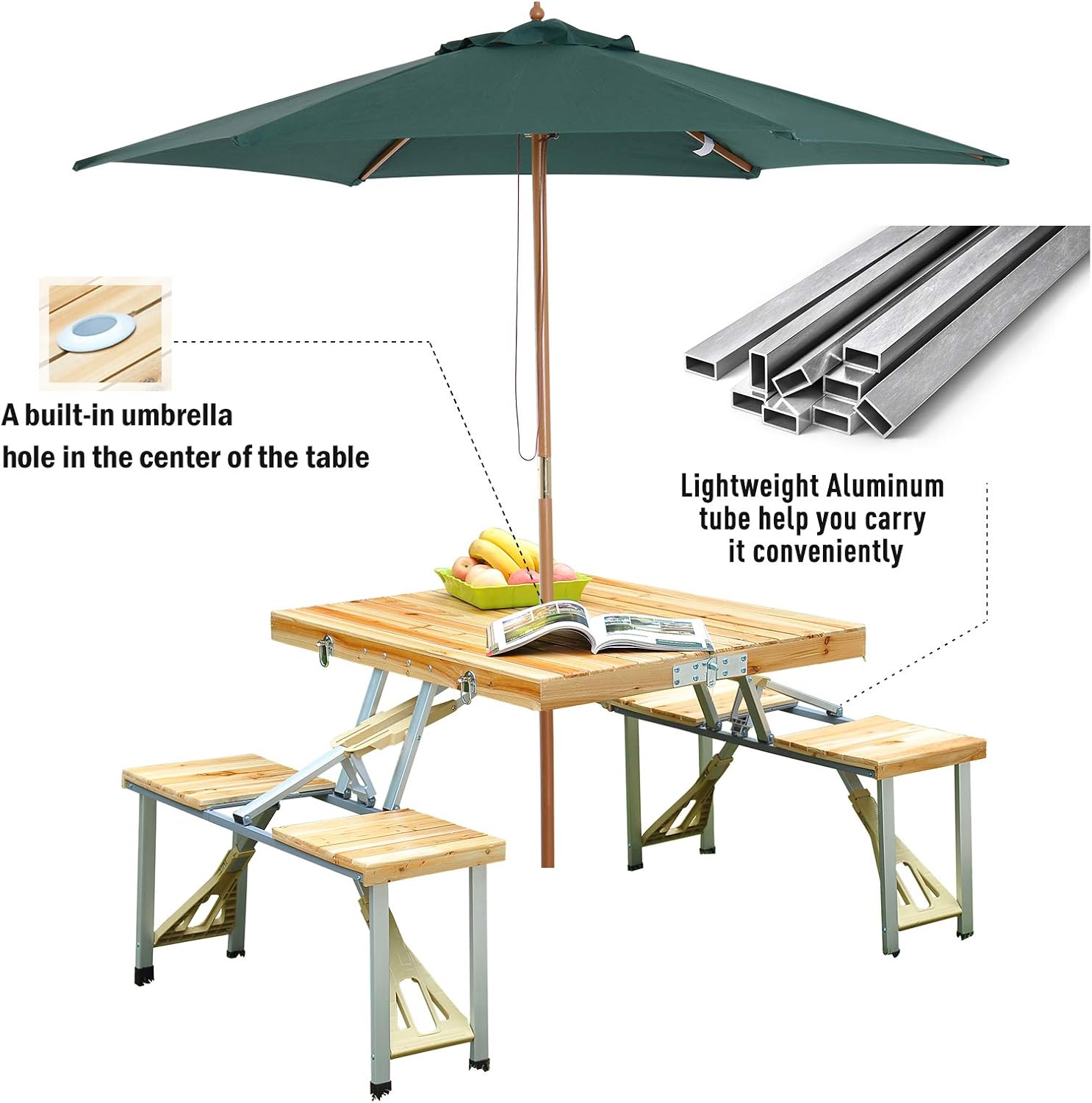 Outsunny Portable Foldable Camping Picnic Table with Seats Chairs and Umbrella Hole, 4-Person Fold Up Travel Picnic Table, Wood : Outdoor And Patio Products : Garden & Outdoor