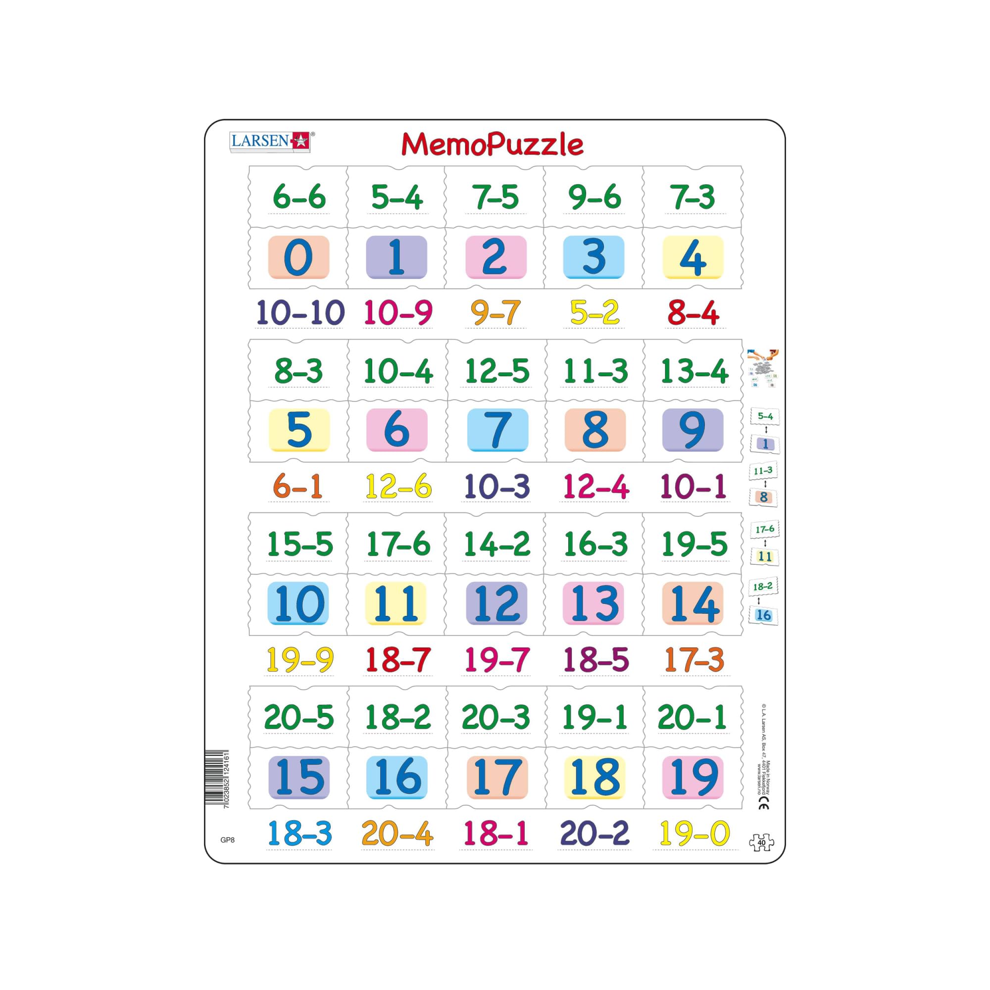 Larsen GP8 MemoPuzzle: Subtraction with Numbers from 0-20, 40 Piece Boxless Tray & Frame Jigsaw Puzzle