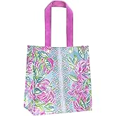 Lilly Pulitzer Pink/Green Market Shopper Bag, Reusable Grocery Tote with Comfortable Shoulder Straps, Totally Blossom