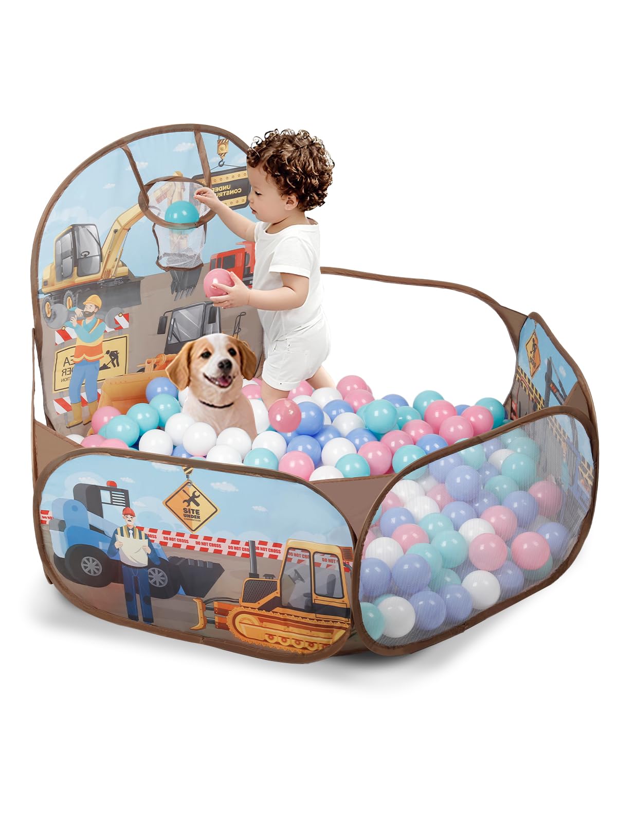 Photo 1 of ZimiTeda Excavator Kids Ball Pit for Toddler with Basketball Hoop Foldable Pop-Up Baby Ball Pool for Girls Boys Indoor & Outdoor Game 47.24"/120cm Wide Plyahouse Tent (Balls NOT Included)