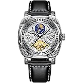 GLENAW Square Retro Mechanical Watch Self Winding Watches for Men Automatic Mens Watches Tourillon Stainless Steel Dual Calendar Leather Wrist Watch