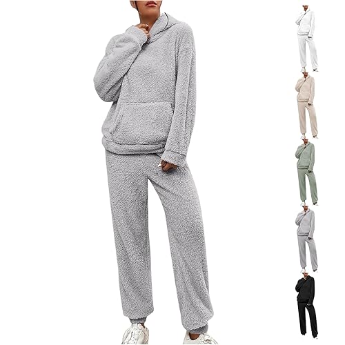 Womens Lounge Wear Sets Long Sleeve Fleece Hoodie Jogger 2 Piece Outfit Plain Tracksuit Warm Plush Homewear Sweatshirt and Sweatpant Set