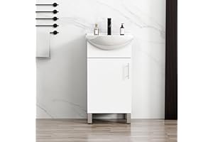 LUCKWIND 18 Inch Laundry Sink Cabinet Set with Ceramic Belly Bowl Sink and Faucet, Bathroom Vanity Combo, Ceramic Utility Sink for Laundry, Bathroom, Utility Room, Kitchen (White)