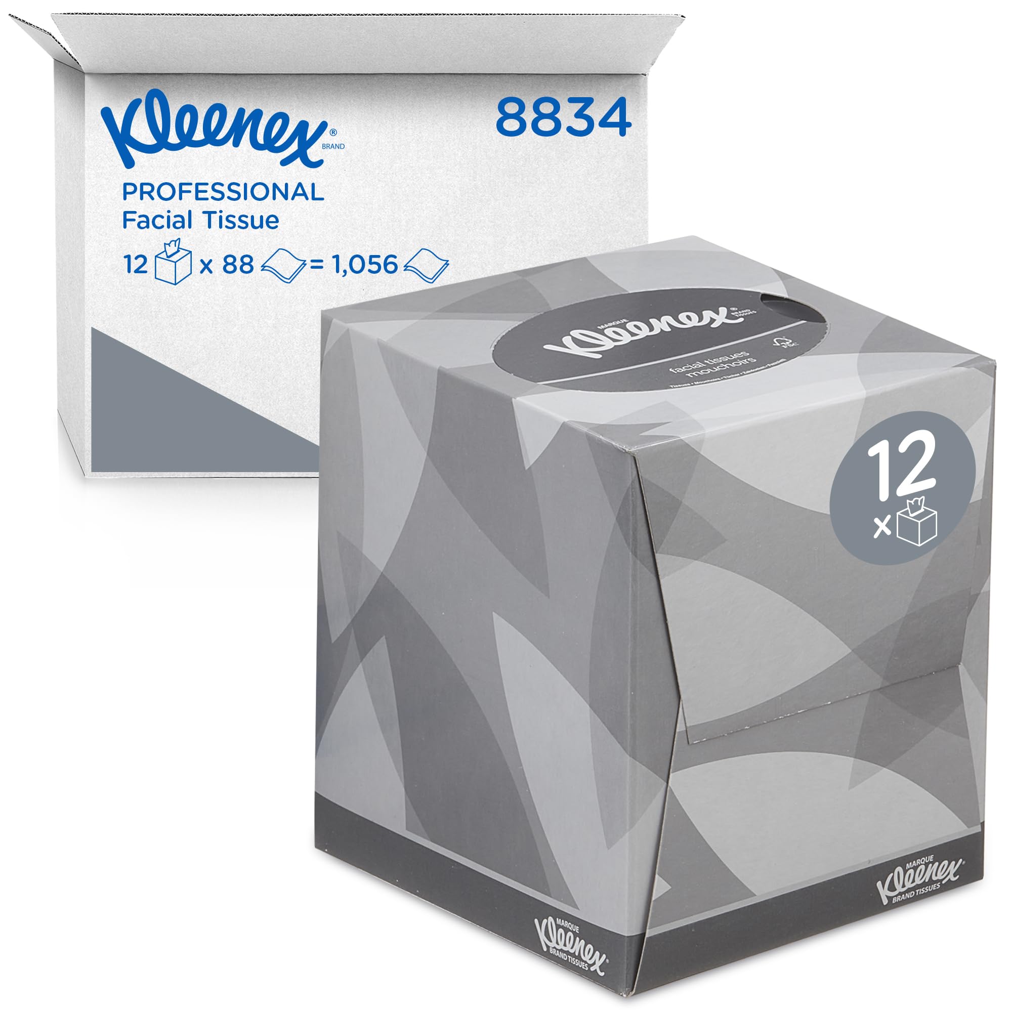 Kleenex Facial Tissue Box, 2-Ply White Tissues, Strong & Absorbent, Fragrance-Free, FSC Certified, Stylish Cube Box for Home & Office Use, 12 Boxes x 88 Sheets (1,056 Tissues Total), Model nr. 8834