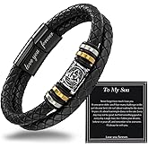Alissl Mens Leather Bracelet,Black Stainless Steel Double-Row Braided Black Stainless Steel Love You Forever Engraved,Men Valentines Day Ideal Gift for Son & Grandson
