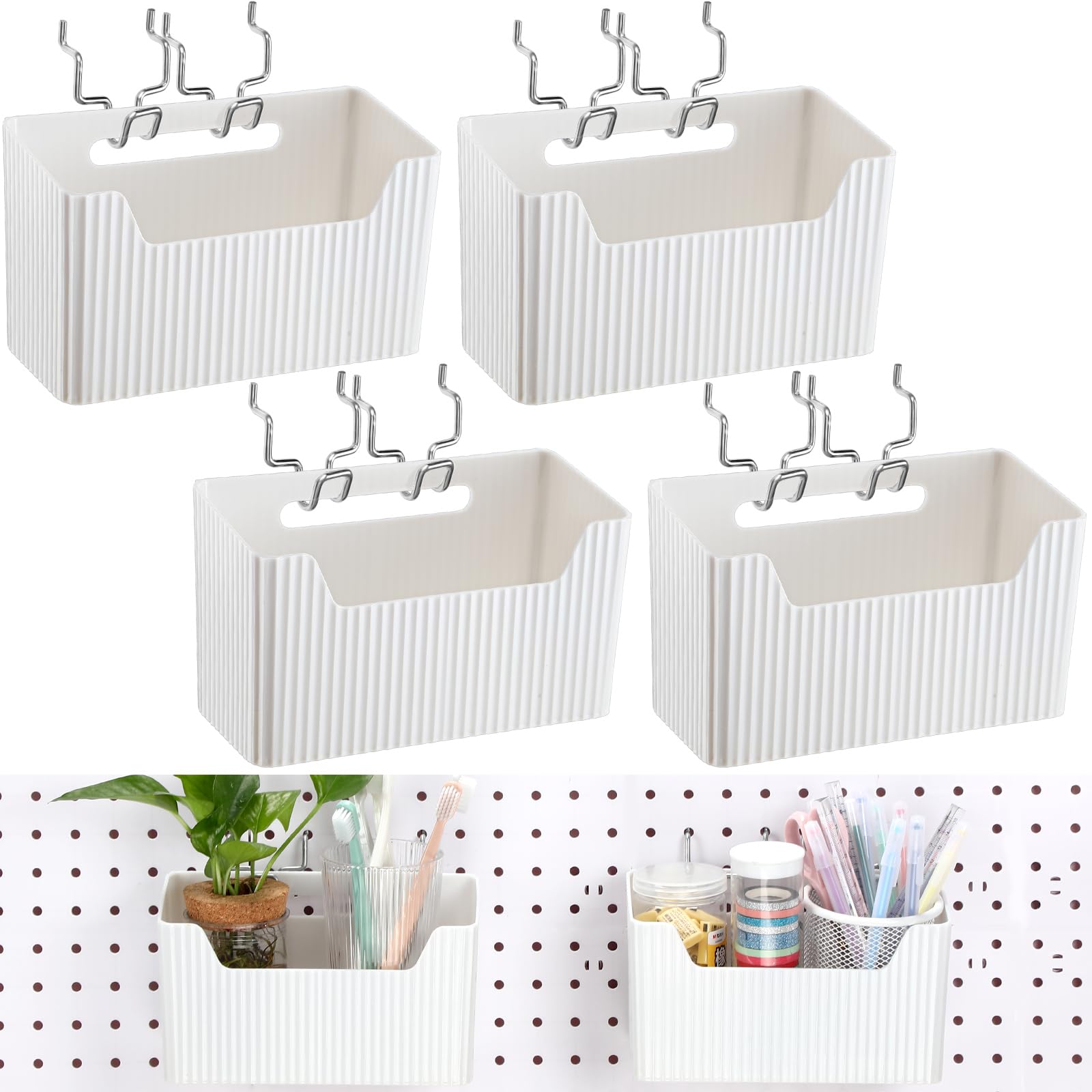 Photo 1 of Suzile 4 Pcs Pegboard Bins Plastic Bins Set 7.9 x 3.3 x 4.7'' Pegboard Containers with Metal Hooks Organizing Assortment Accessories for Organizing Storage Tools Storage Workbench Garage (White)
