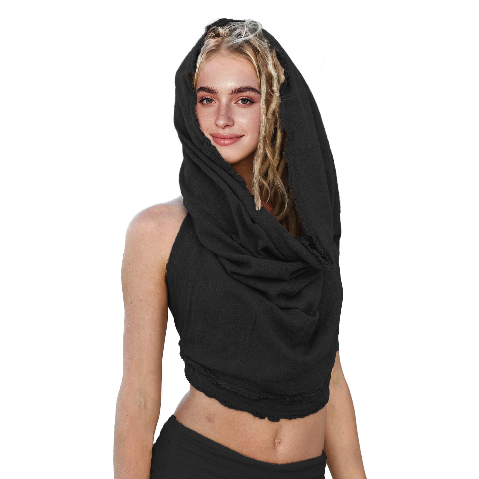 Photo 1 of Dune Style Women's Crop Tank Top - Halter, Boho Open Back, Cross Wrap Swim Cover Up, 100% Cotton, Washed Raw-Edge (Black, One Size)