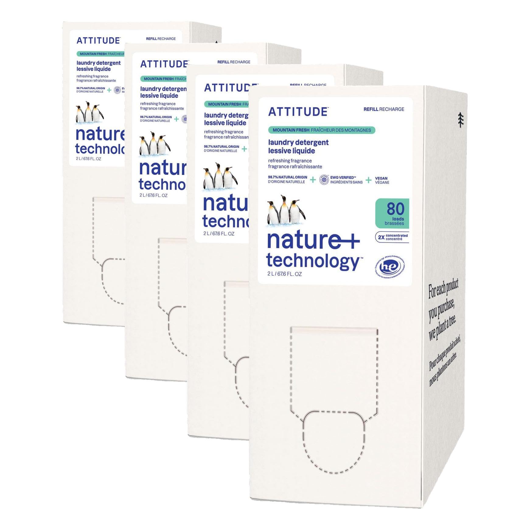 ATTITUDE Liquid Laundry Detergent Refill, EWG Verified, HE Compatible, Plant-Based & Vegan, Natural Laundry Soap, Mountain Fresh Scent, 80 Loads, 67.6 Fl Oz (Pack of 4) Image