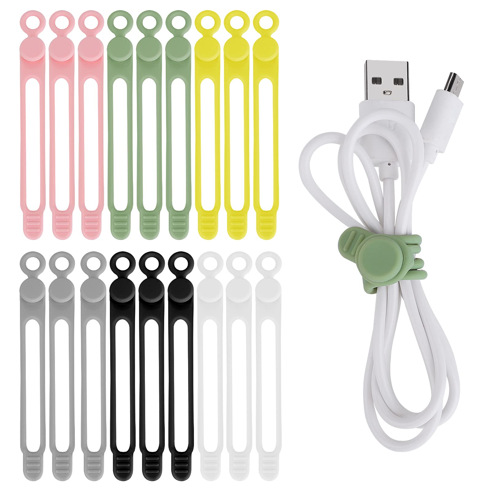 ASTER 18Pcs Silicone Cable Ties, Cute & Stylish, Round Hole, Buckle Design, Matcha Green, Gray, Black, White, Pink, Yellow