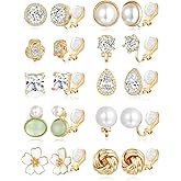 Tornito 10-15 Pairs Clip on Stud Earrings Non Pierced Teardrop Round Square CZ Pearl Twist Knot Flower Butterfly Heart Star Rainbow Cat Opal Clip on Earrings for Women