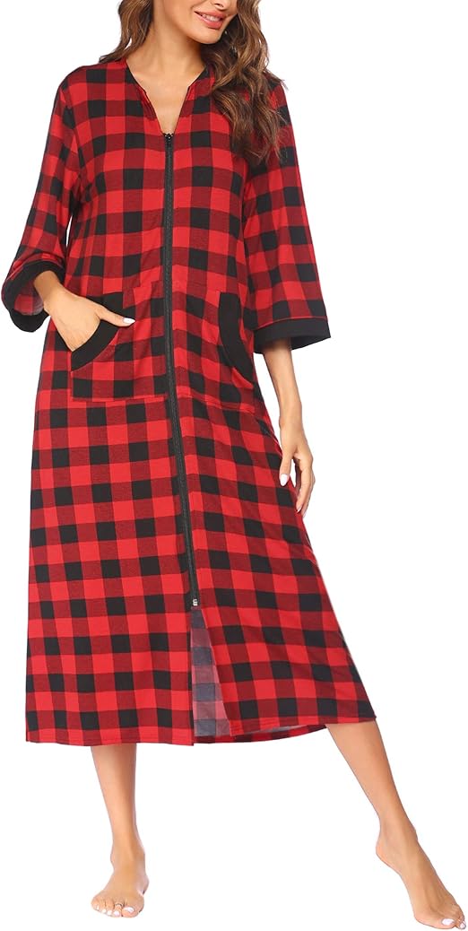 Ekouaer Women Zipper Robe 3/4 Sleeves Loungewear Full Length Sleepwear Pockets Housecoat Long