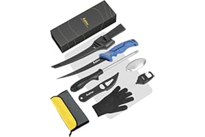 pullther fishing 7pc Fishing Tool Kit, Fillet Knife, Fish Scale Remover Tool,Stainless Steel Soap Bar, Fishing Towel,Tool Retractor,Knife Sharpener Rod,Fishing Gear with Fishing Glove