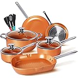 KUTIME 12pcs Nonstick Cookware Set, Pots and Pans Set with Stainless Steel Handles, Frying Pan Set Copper Ceramic Coating Gri