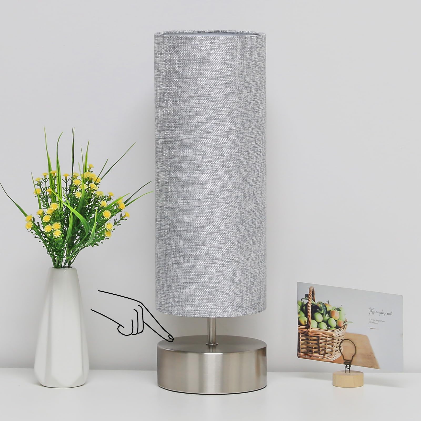 Photo 1 of Bedside Touch Lamp, 3 Way Touch Control Table Lamp with Silver Base, Modern Gray Nightstand Lamp with Cylinder Shade, Simple Dimmable Night Light for Bedroom Living Room Kitchen, LED Bulb Included
