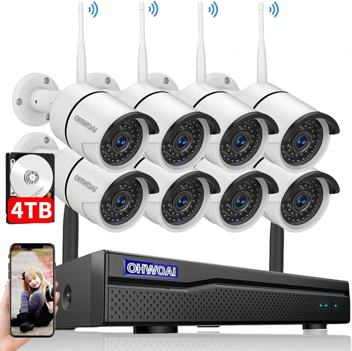 【2021 New】 Security Camera System Wireless, 4TB Hard Drive Pre-Install 8 Channel 1080P NVR , 8PCS 1080P 2.0MP CCTV WI-FI IP Cameras for Homes,OHWOAI HD Surveillance Video Security System.