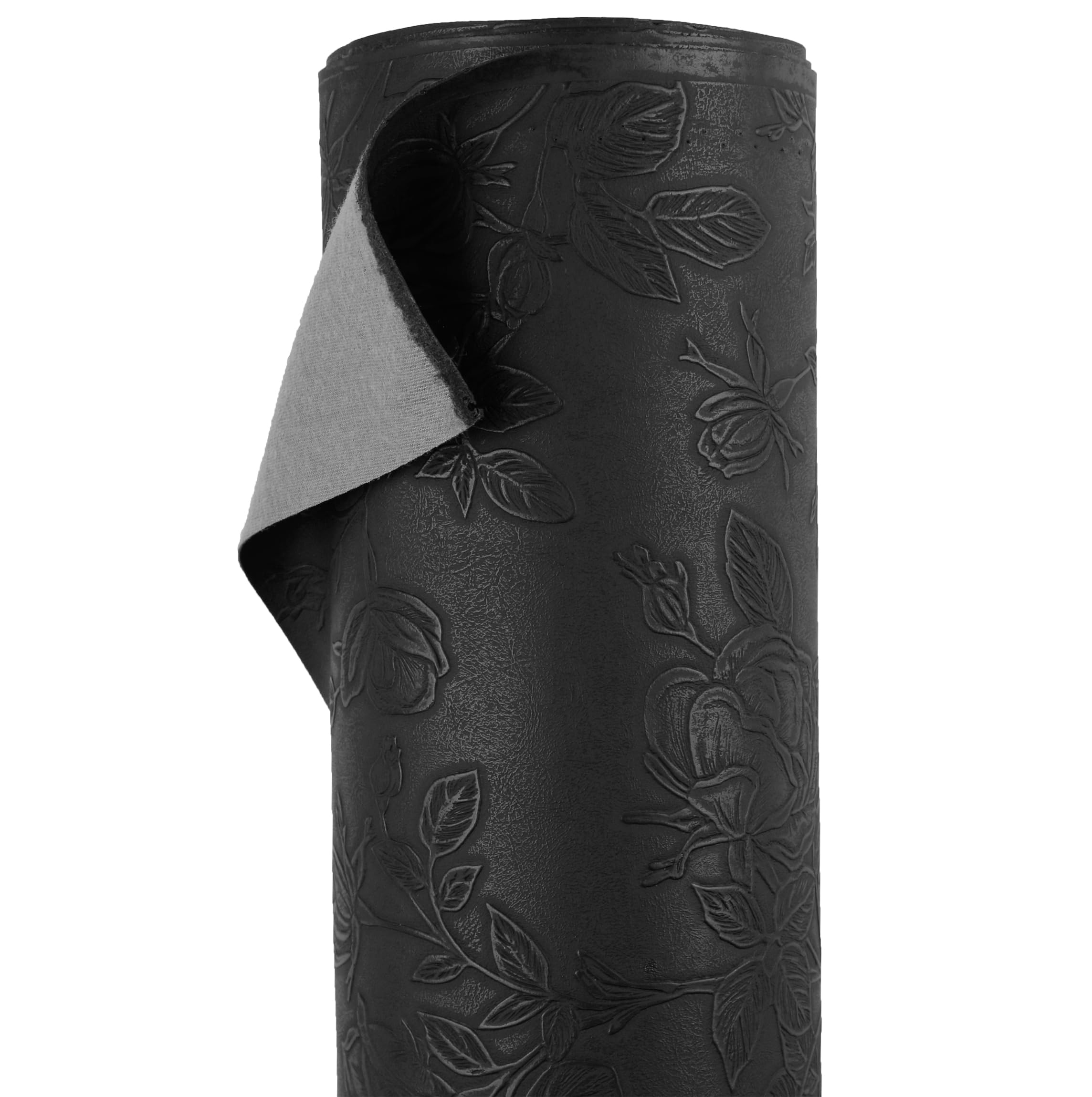 A-Express Floral Faux Leather Fabric - Embossed PU Vinyl Material - 140cm 55" Inches Wide - 430 GSM by The Metre - Textured Flower Upholstery Fabric, DIY Craft Sheets, Purse - Black Half Metre