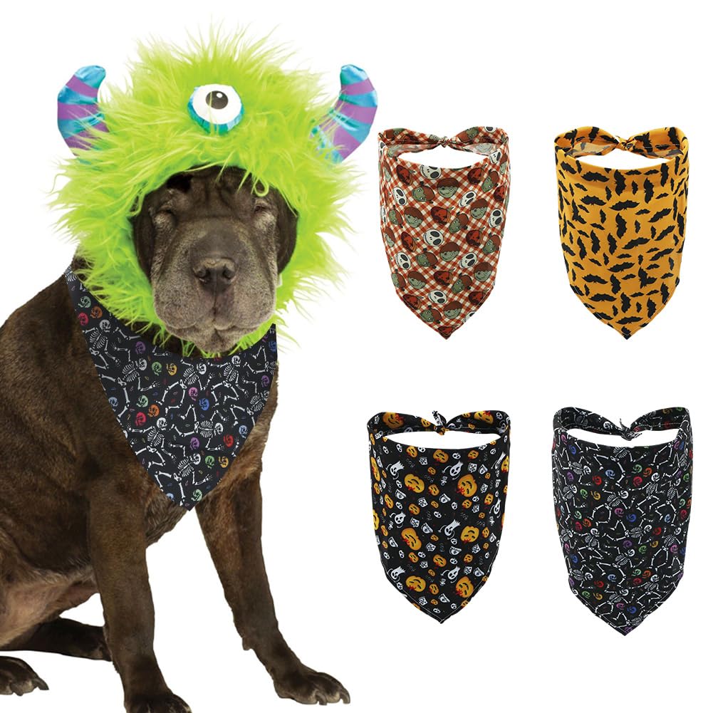 Halloween Dog Bandanas, 4 Pack Happy Halloween Triangle Dog Scarf, Bat Pumpkin Ghost Skull Orange Dark Blue Pattern Pet Bandana for Small Medium Large Dogs Cats Pets