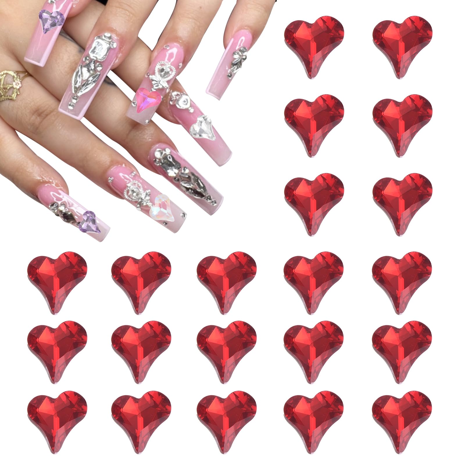Photo 1 of MECCANIXITY 20 Pcs 3D Heart Nail Charm Crystals Nail Gems 8x9mm Crooked Heart-Shape Art Rhinestone Charm for Valentine's Day DIY Decoration, Red