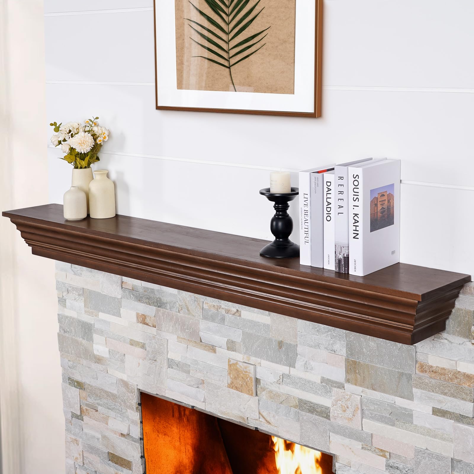 Photo 1 of TECANA Wood Fireplace Mantel - 60 Inch Rustic Floating Mantel Shelf for Living Room, Wall-Mounted Solid Fireplace Mantle Decor for Bedroom, TV, Books, Walnut
