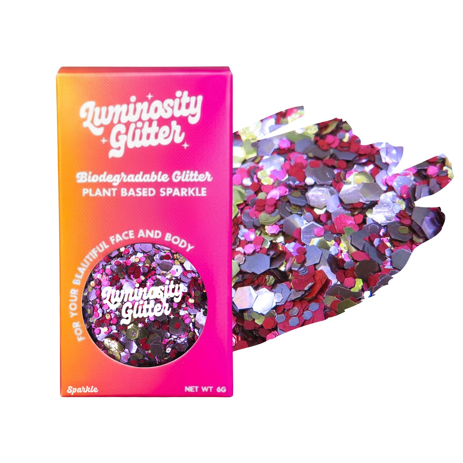 Luminosity Glitter Pink and Purple Biodegradable Festival Eco Glitter for Face & Body – Cosmetic Glitter Made from Plants, 6g Pot Loose Vegan Sparkly Makeup (Temptation Blend)