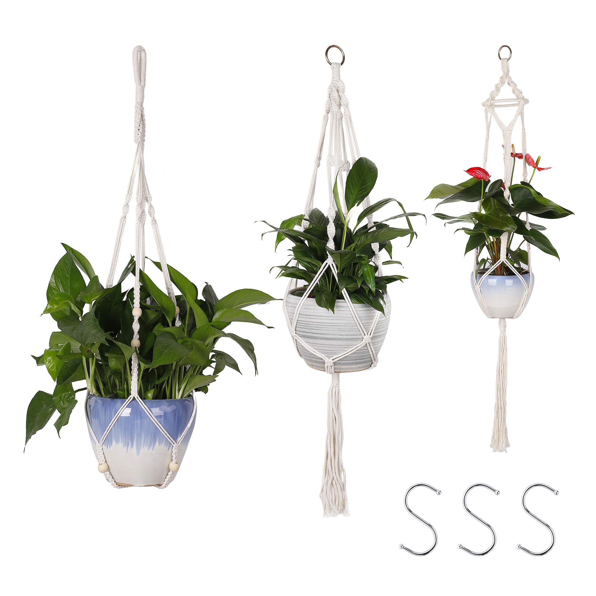 MengH-SHOP Macrame Plant Hangers Cotton Rope Hanging Planter Basket White Flower Pot Hanger with Hanging Hooks for Indoor Outdoor Decor 3 Pack