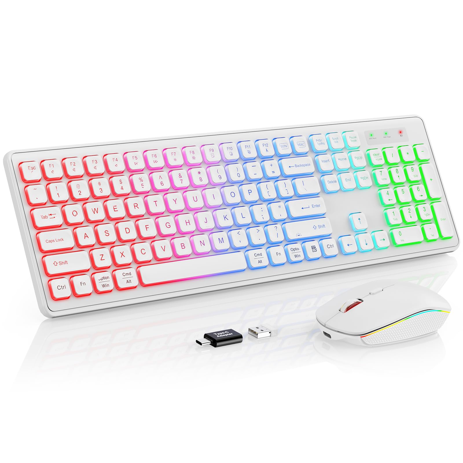 Photo 1 of Wireless Keyboard and Mouse - RGB Backlit, Rechargeable & Light Up Letters, Full-Size, Ergonomic Tilt Angle, Sleep Mode, 2.4GHz Quiet Keyboard Mouse for Mac, Windows, Laptop, PC, Trueque(White)