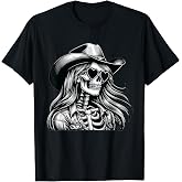Skeleton Gothic Cowgirl with Heart Sunglasses Western Skull T-Shirt