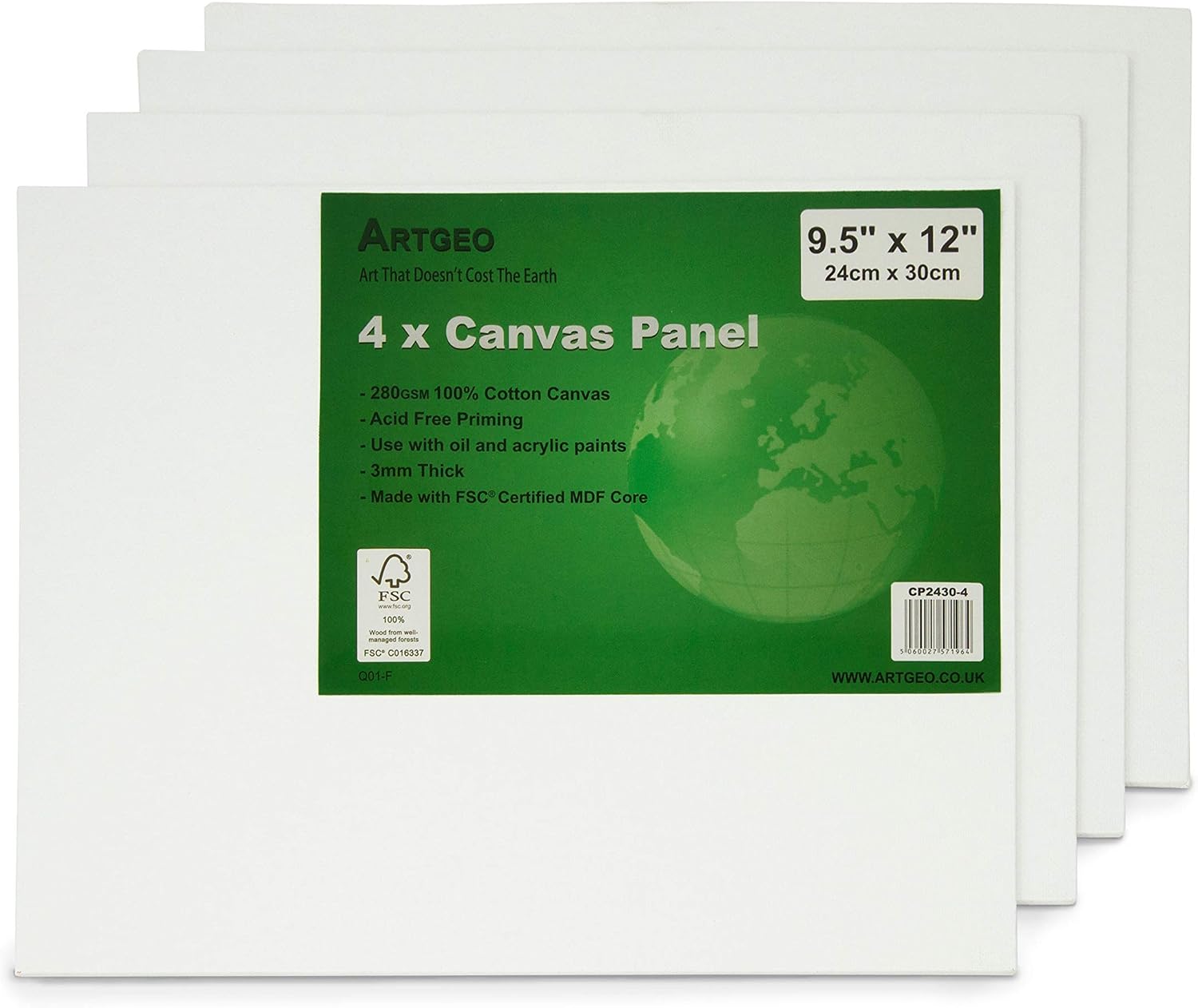 Artgeo 3mm FSC Canvas Panel 24 x 30cm, Pack of 4, 100% Plastic Free Packaging, Off-white, 24 cm x 30 cm