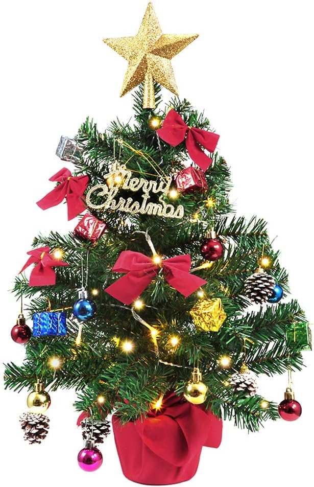 LUNSY Christmas Tree Artificial Xmas Tree with 50 LED String Lights and Ornaments 24 inch Tabletop Pine Christmas Tree Decoration Tree Decor