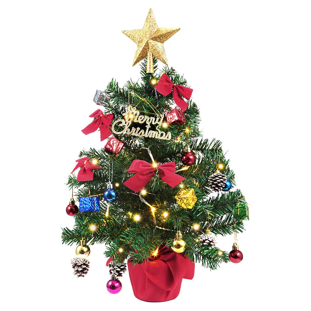 LUNSY Christmas Tree Artificial Xmas Tree with 50 LED String Lights and Ornaments 24 inch Tabletop Pine Christmas Tree Decoration Tree Decor