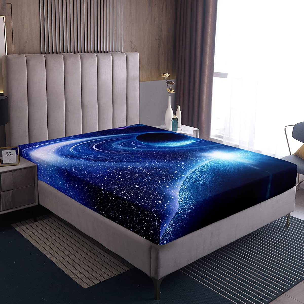 Loussiesd Galaxy Fitted Sheet 100% Microfiber Breathable Starry Sky Only Bedsheet No Pillowcases Fitted Sheets Luxury Blue Double(135x200+30cm) — image 1
