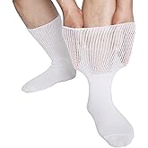 NIIRKIIR Diabetic Socks for Men Women Loose Fit Non-Binding Seamless Cuff Extra Wide Cotton Crew Socks Black White