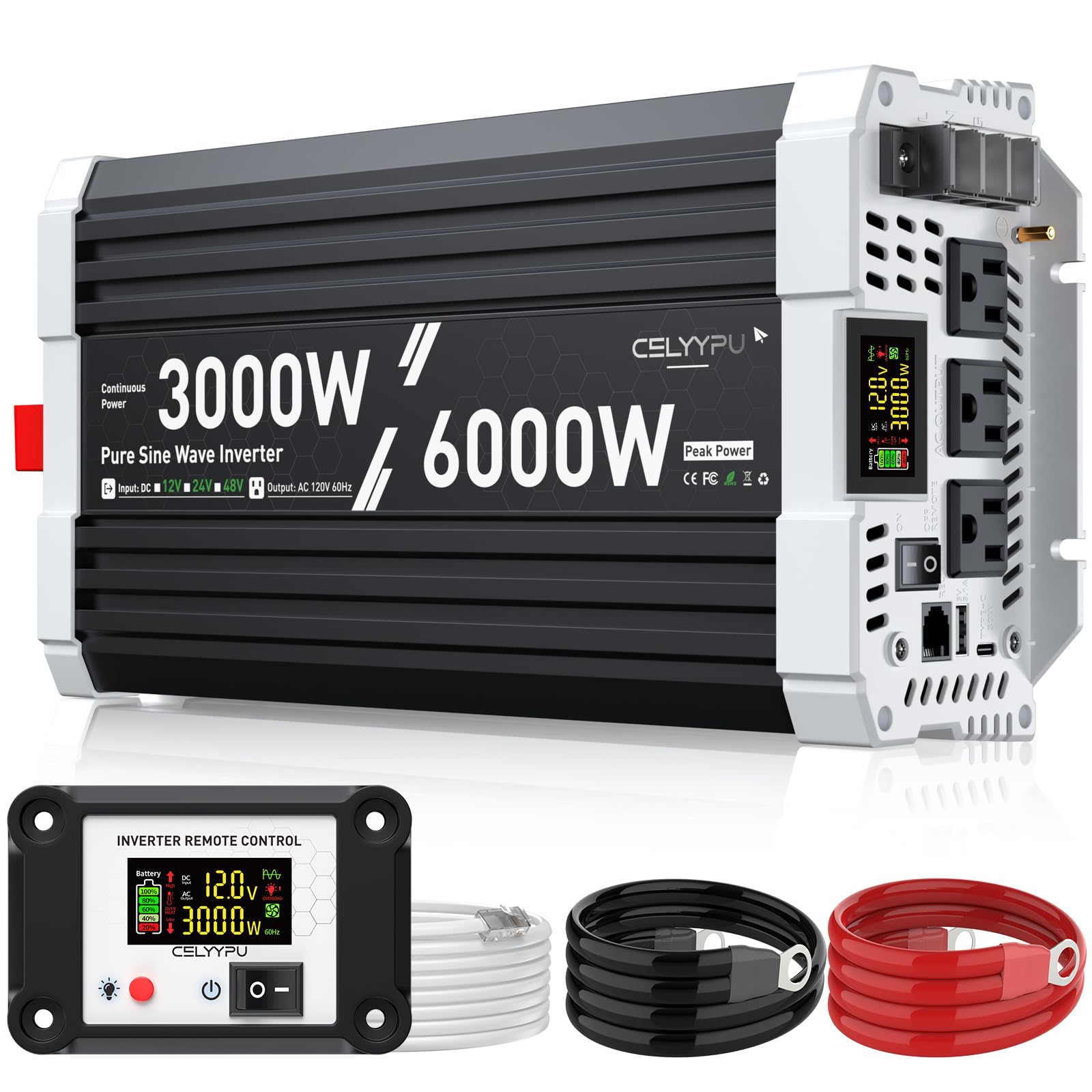 Photo 1 of 3000 watt Pure sine Wave Inverter, 12V DC to 110V AC Power Inverter, Used for Solar Emergency Power Supply in RV Homes, with 3 AC Output sockets, USB Port, Type-C Port, Remote Control with LCD Screen