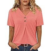 Magritta Womens Summer Casual V Neck Tunic Tops Short Sleeve Henley Shirts Pleated Buttons Loose Fit Blouse