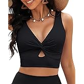 GRAPENT Bikini Tops for Women Cropped StrapCore Tankini Tops Beach Padded Knot Twist Cut Out Adjustable Swimwear Top Only