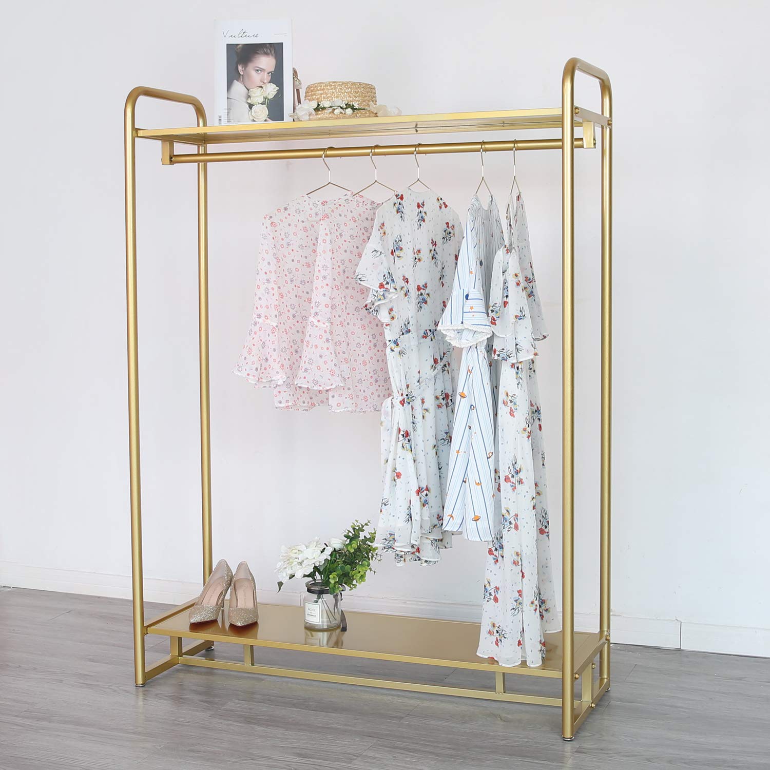 Photo 1 of HOMEKAYT Gold Clothing Rack with Shelf Gold Garment Rack Gold Clothes Rack Gold Rack for Boutique Multiple Uses Hanging Rack for Home and Retail-59''L
