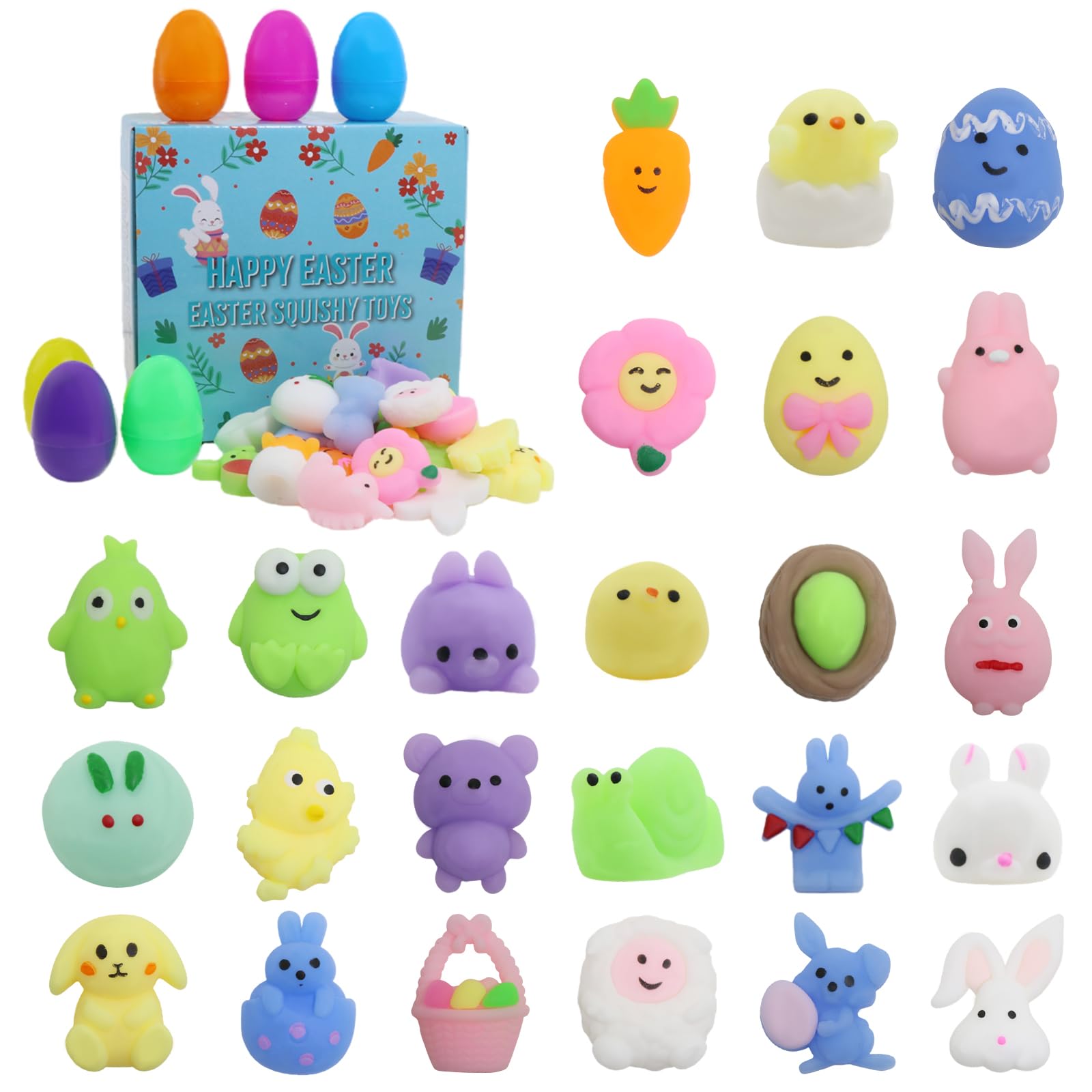 24 Pcs Easter Eggs with Mochi Squishy Toys, Animal Stress Reliever Squishy Toy for Kids Easter Eggs Hunt, Party Favor, Basket Stuffers, Classroom Prize Supplies