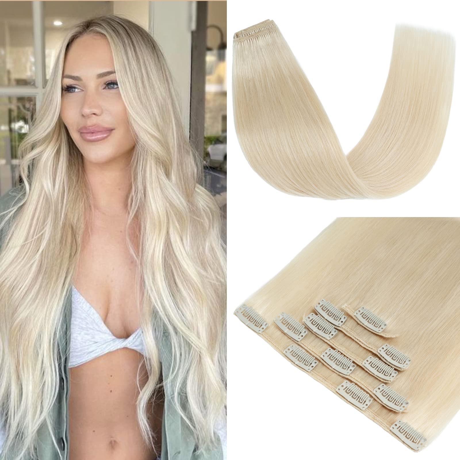 S-noilite Clip in Hair Extensions Real Human Hair,5Pcs Remy Natural Hair Extension Double Weft Seamless Clip in Hair Extensions Full Head for Women- #70 Bleach White-16 Inch(60g) โ image 1