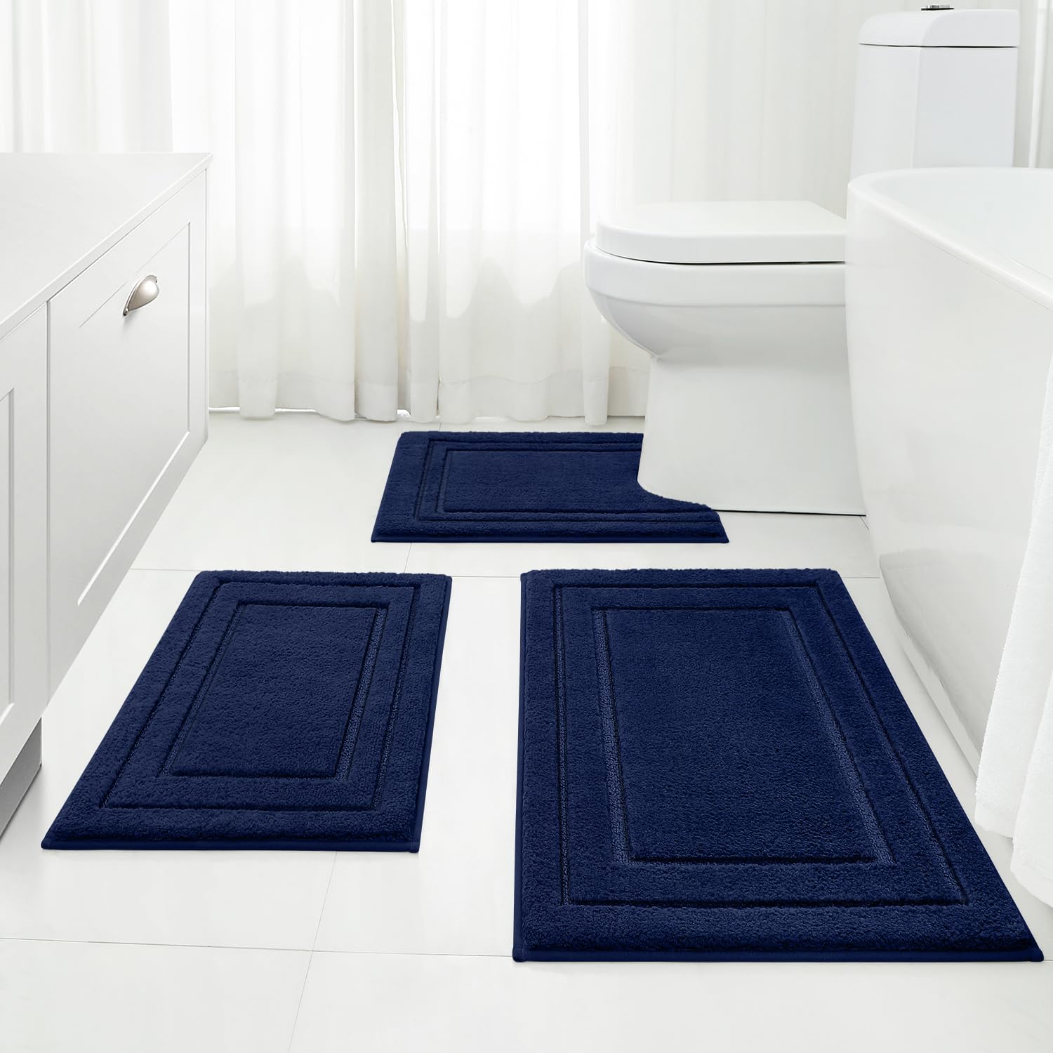 Photo 1 of **COLOR DIFFERS (WHITE)** HOMEIDEAS Bathroom Rugs Sets 3 Piece, Super Soft and Absorbent Non Slip Microfiber Toilet Bath Mat with U-Shaped (Navy Blue)