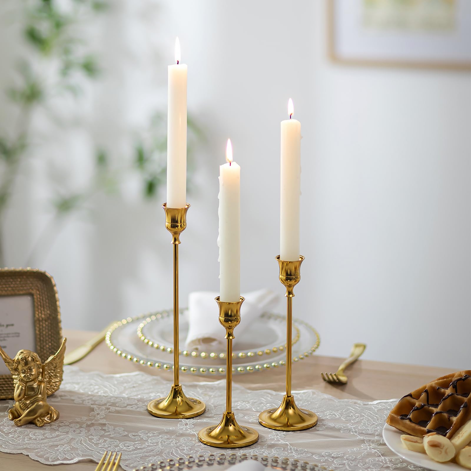 Inweder Gold Candle Holders for Centrepieces: Set of 3 Candlestick Holders for Wedding Table Decoration - Metal Taper Candle Holder for Party Birthday (Fits 2cm Candles)