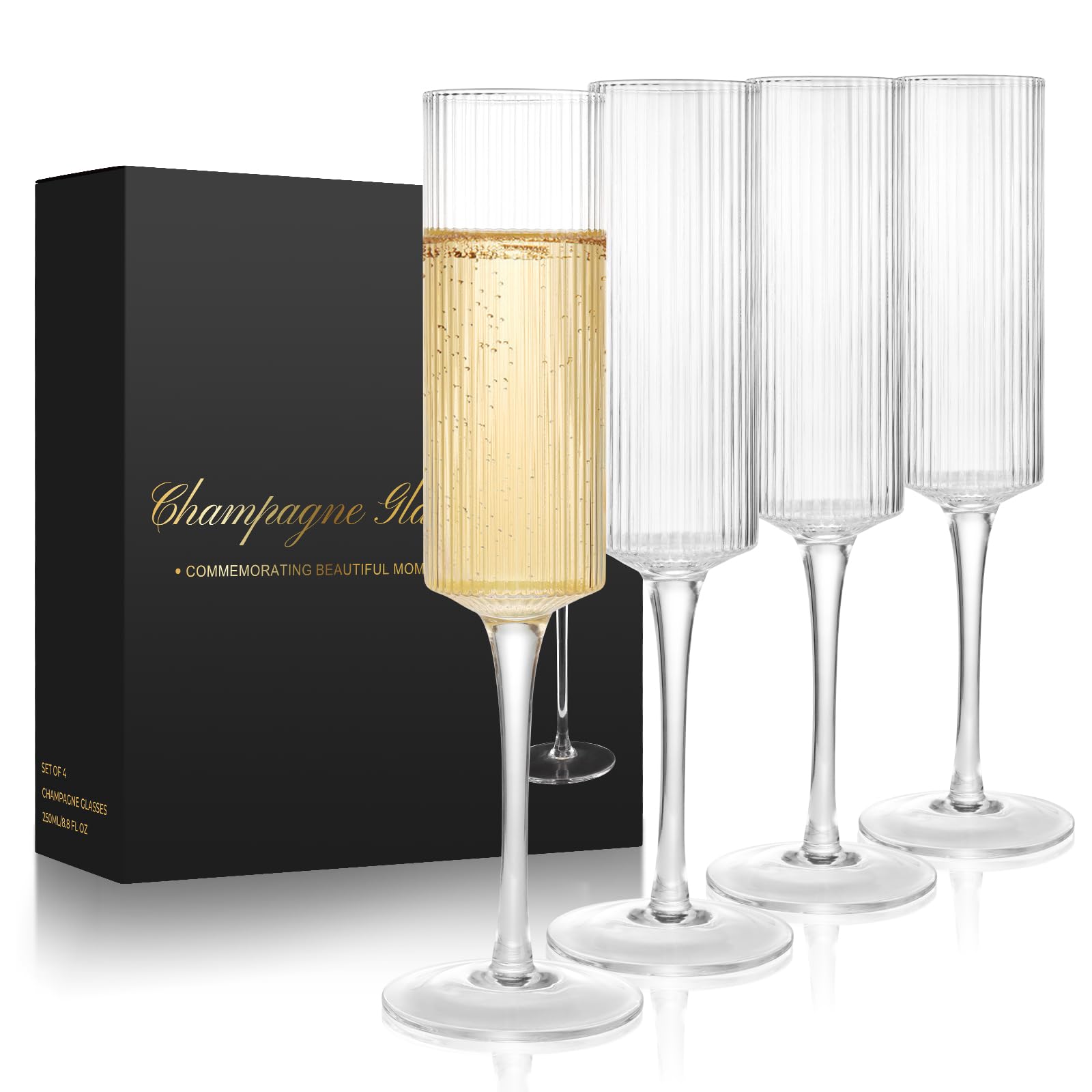 Qulable Champagne Flutes Set of 4 - Elegant Champagne Glasses for Champagne, Prosecco, Wedding Gift, Engagement Gifts for Women, 250ml Vertical Stripe Glasses for Anniversary, Christmas (4, Pinstripe)