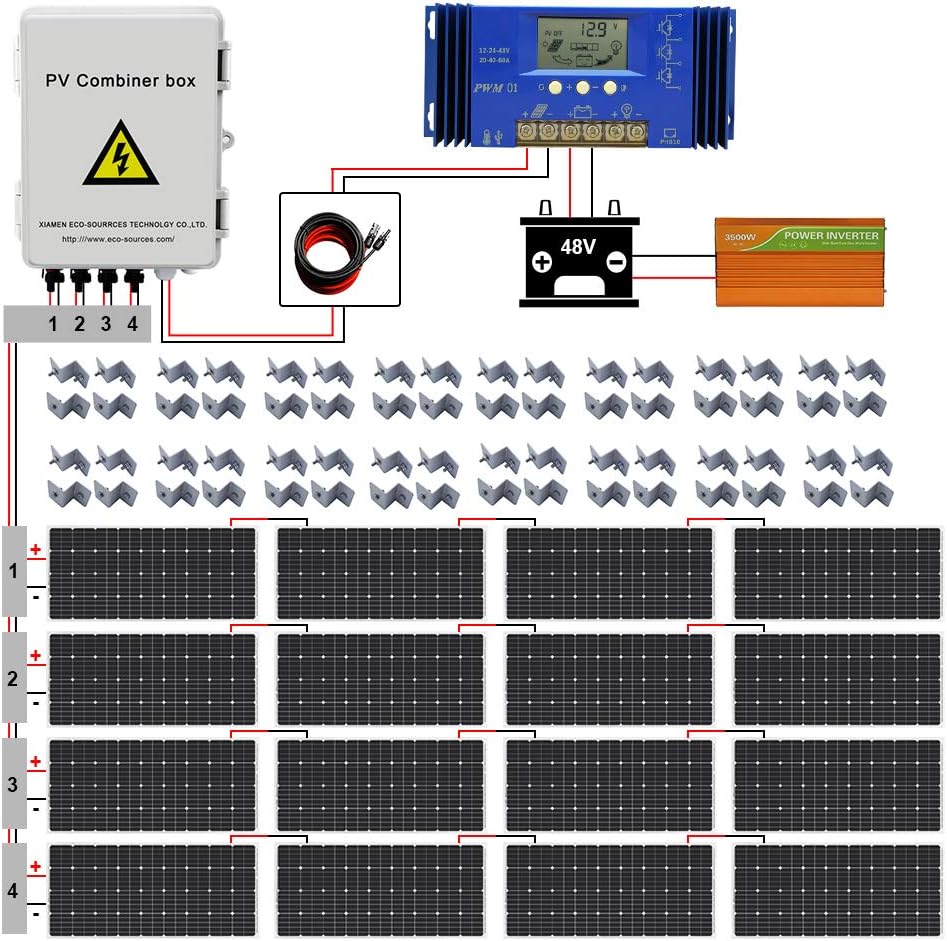 ECO LLC 3000W Off Grid Solar Panel Kit 48V Solar System Include 16pcs 195W Solar Panel and 3500W Inverter and 4 String PV Combiner Box and 60A Controller