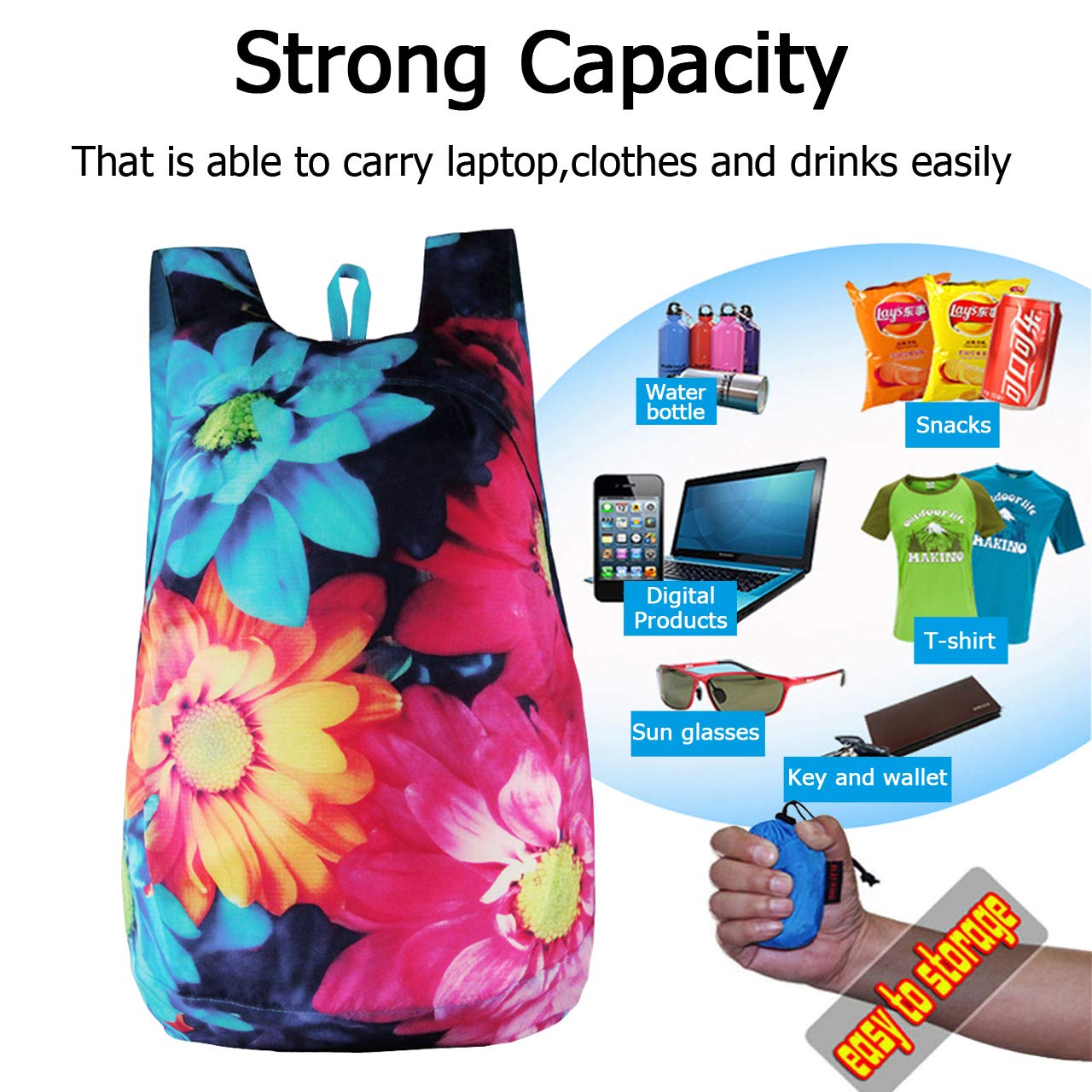 CHIC DIARY 3D Printed Packable Lightweight Travel Hiking Backpack Daypack (Flower(Rose))