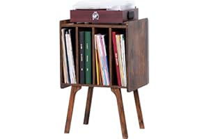 LELELINKY Record Player Stand,Vinyl Record Storage Table with 4 Cabinet Up to 100 Albums,Mid-Century Turntable Stand with Wood Legs,Brown Vinyl Holder Display Shelf for Bedroom Living Room (Patented)