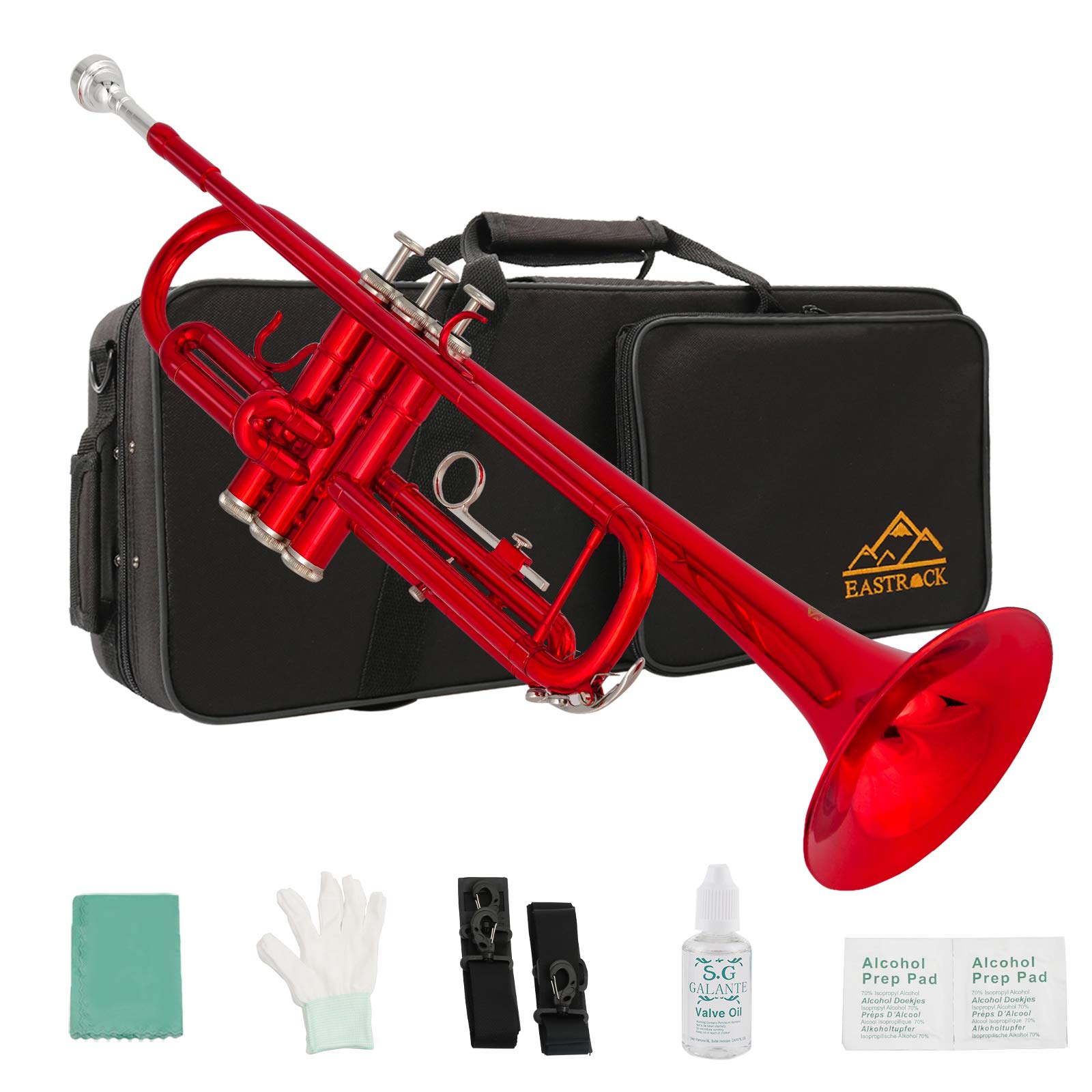 Eastrock Standard Bb Trumpet Brass Set for Student Beginner Brass Instrument with Hard Case, Gloves, 7C Mouthpiece, Valve Oil and Trumpet Cleaning Kit (red)