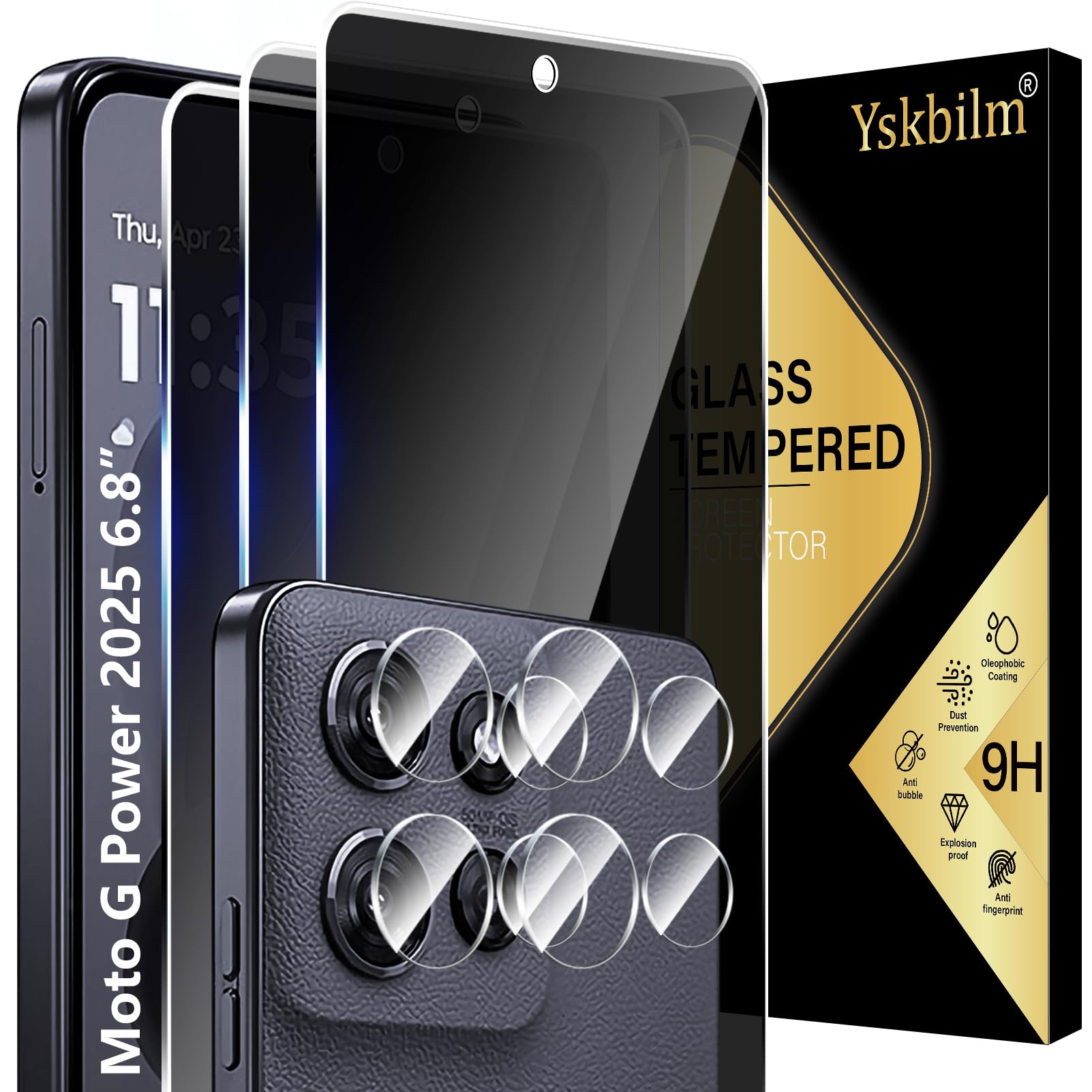 Yskbilm (3 Pack) for Motorola Moto G Power 5G 2025 Privacy Screen Protector+ Camera Lens Protector,Anti-Spy Tempered Glass flim,9H Hardness,Anti-Scratch, Case Friendly, Bubble Free